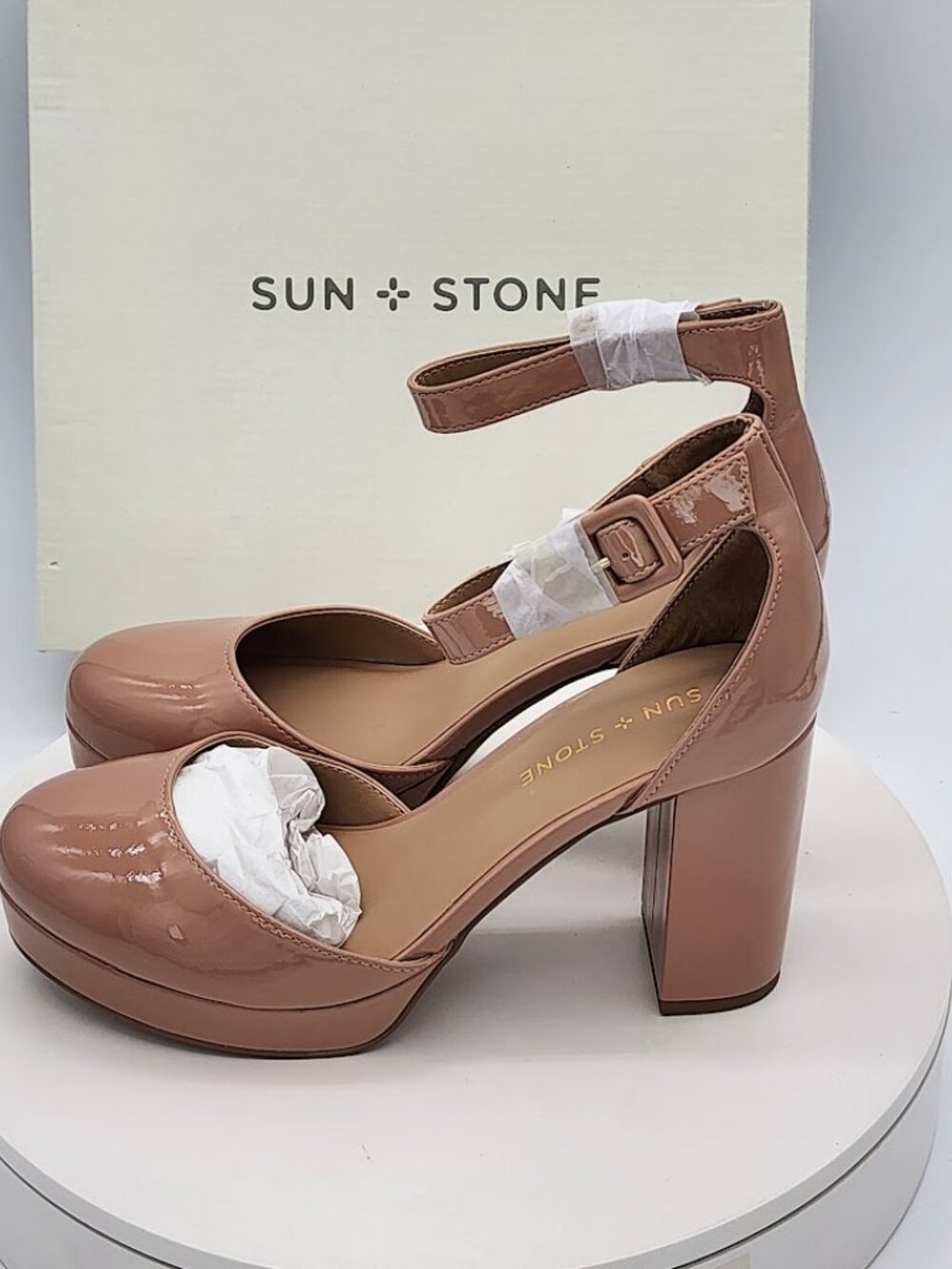 Sun + Stone Birdey Peony Patent Platform Ankle Strap Heels Size 8.5 - Picture 6 of 10